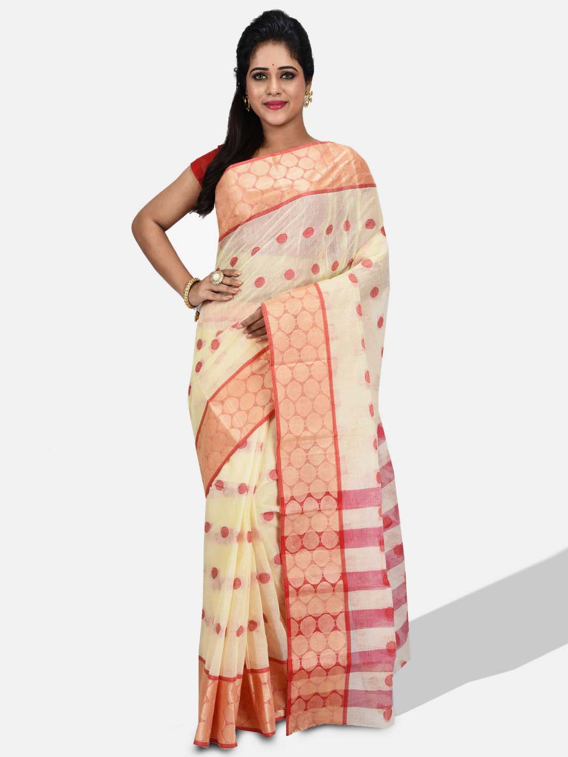 Women Ganga Jamuna Bengal Handloom Cotton Tant Saree Without Blouse Piece (DBGANGAJ1_offwhite_red)